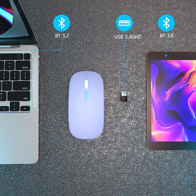 AOLIKOKO فأرة بلوتوث لاسلكية قابلة لإعادة الشحن للكمبيوتر المحمول مع إضاءة LED، استخدام محمول (BT5.2 و USB 2.4G) اتصال مزدوج، فأرة كمبيوتر صامتة ونحيفة للكمبيوتر المحمول / جهاز iPad اللوحي / Apple MacBook / PC (أرجواني) - Image 4
